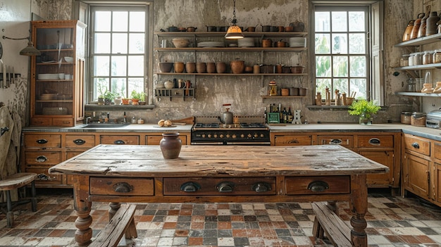 Rustic farmhouse kitchen with a large wooden table and antique fixtures