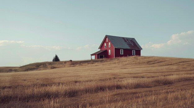 Photo rustic farmhouse landscape with red house on hill