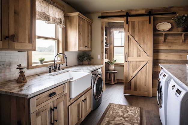 Rustic farmhouse laundry room with a farmhouse sink open shelving and a sliding barn door