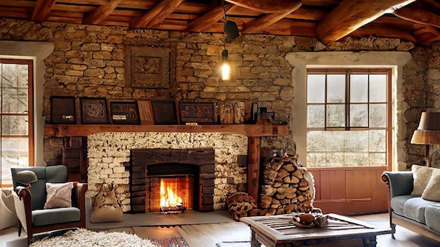 Rustic farmhouse living room with cozy textiles and a stone fireplace