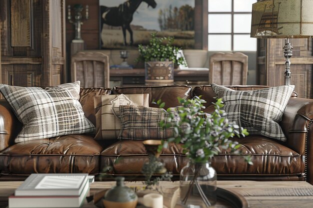 Photo rustic farmhouse living room with a distressed lea