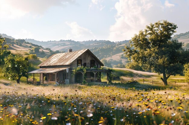 Photo rustic farmhouse nestled amidst rolling hills