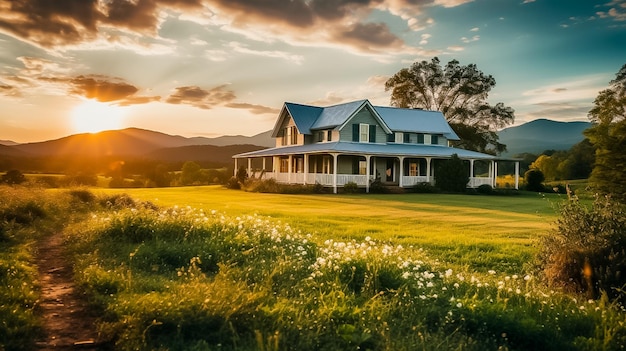 Rustic farmhouse photograph with the sun setting with Appalachian mountains Ai generated