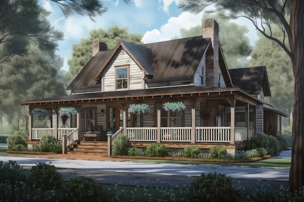 Rustic farmhouse with wraparound porch and handcrafted details on the exterior