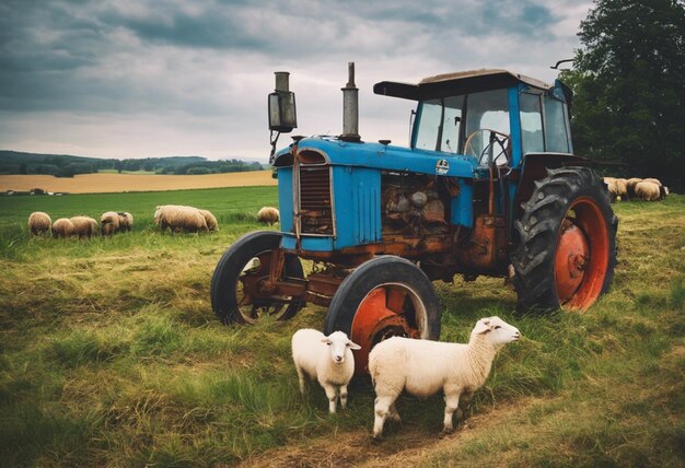 Foto campi rustici tractor d'epoca e pecore in pascolo