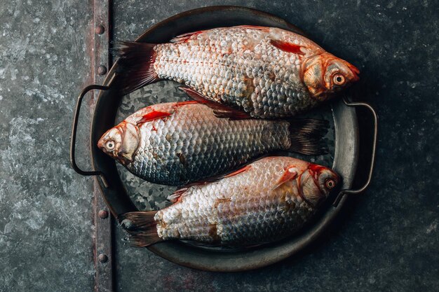 亜鉛メッキの背景に素朴な魚の盛り合わせ