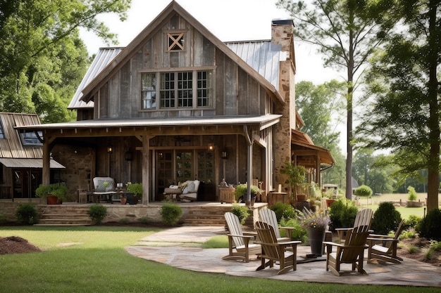Rustic french country house with wraparound porch and adirondack chairs created with generative ai