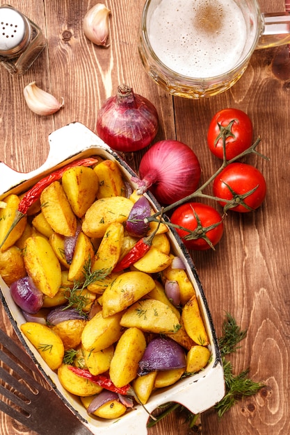 Photo rustic fried potato. top view.