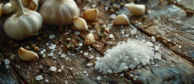 Rustic Garlic Cloves and Sea Salt on Wooden Surface