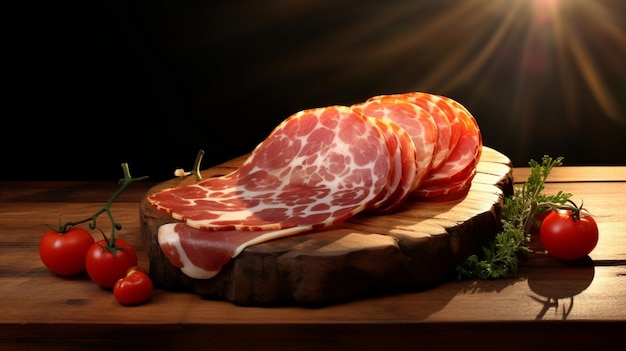 Rustic gesneden houten varkensvlees rundvlees koud heerlijke maaltijd vlees voorgerecht snack Italiaanse spek close-up verse rode ham salami voedsel gerookte worst gourmet