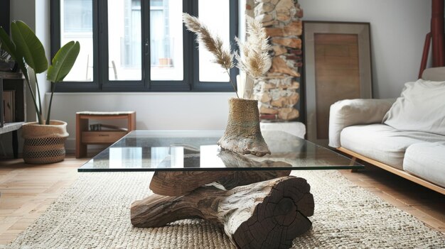 Photo rustic glass coffee table in modern home