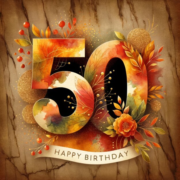 Photo rustic golden 50th birthday with autumn watercolors