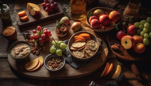 Foto pasta gourmet rustica su tavolo di legno con ingredienti biologici freschi generati dall'intelligenza artificiale