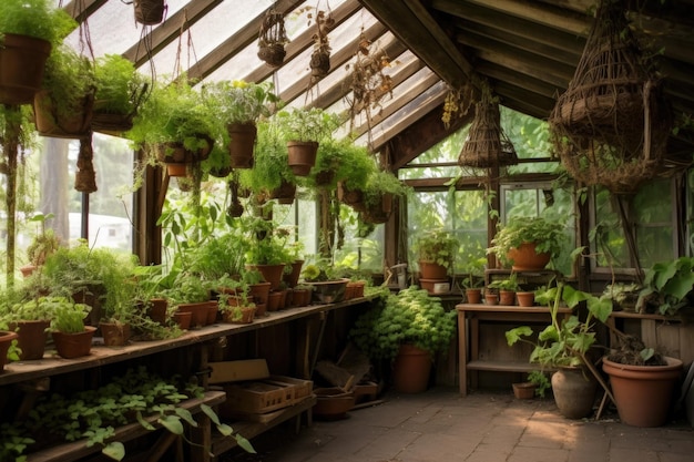 Rustic greenhouse with hanging baskets and vines created with generative ai
