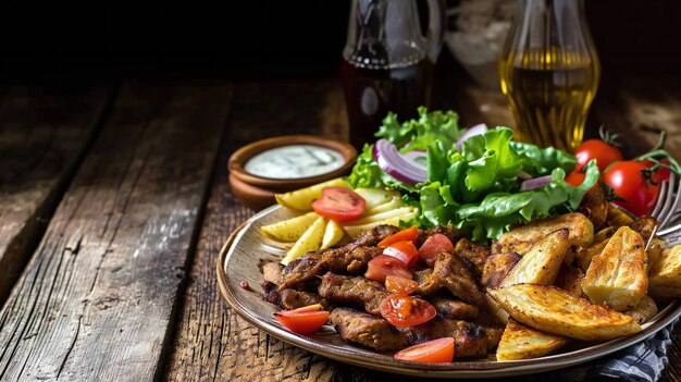 Rustic gyros plate served on the wooden table