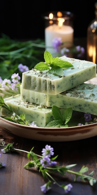 rustic handmade soap natural herbs beautiful green background Generative AI
