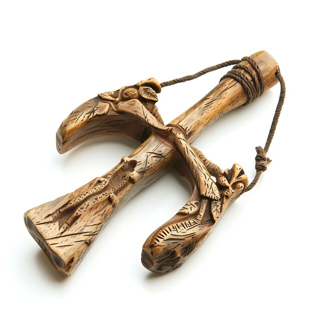 Photo rustic hazel slingshot carved with woodland creatures and ca game asset 3d isolated design concept