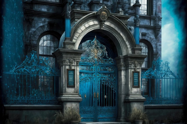 Rustic historic building with blue glass windows and iron mansion gates