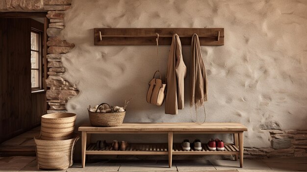 Photo a rustic home entrance with wooden bench background