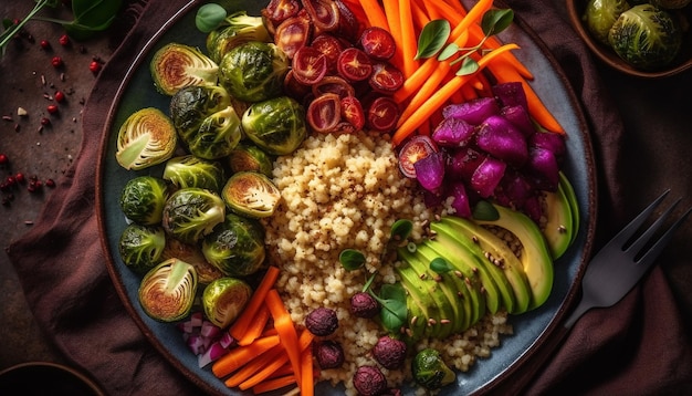 사진 인공지능에 의해 생성된 다채로운 채소와 고기로 만든 농촌식 가정용 식사판