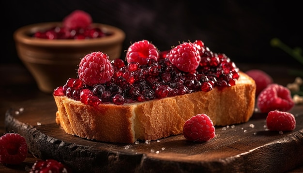Rustic homemade berry dessert on wooden plate generated by AI