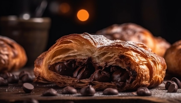 Foto un croissant rustico fatto in casa ricoperto di cioccolato e pronto da mangiare generato dall'intelligenza artificiale