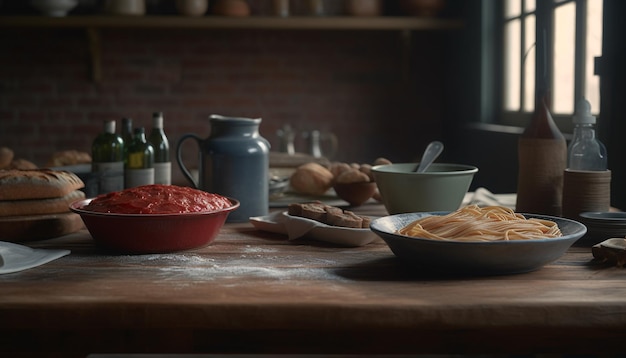 Photo rustic homemade meal preparation on wooden table with fresh ingredients generated by ai