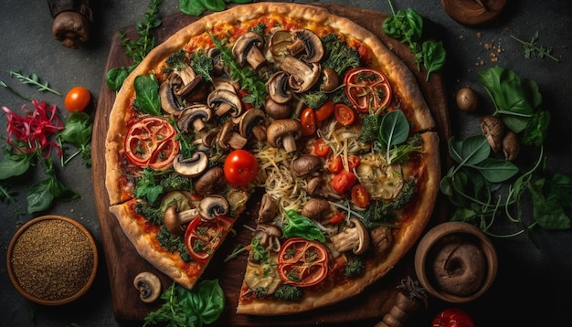 A rustic homemade pizza baked with fresh ingredients on wood generated by AI