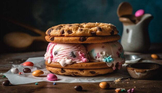 Rustic homemade shortbread cookie stack with chocolate and cranberry variation generated by artificial intelligence