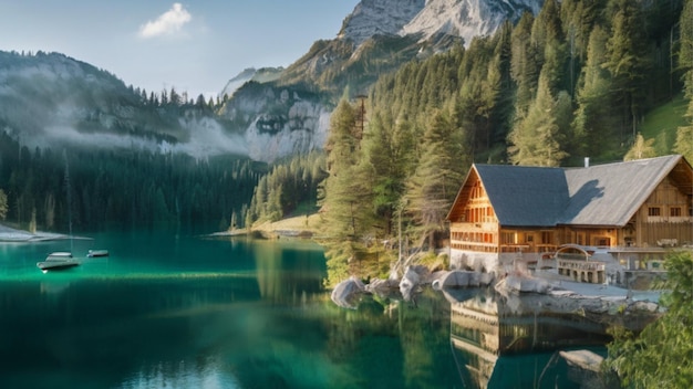 A rustic hotel situated on the edge of a crystal clear lake offering breathtaking