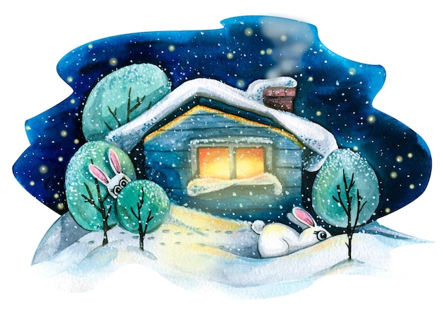 A rustic house in the snow with trees and cute bunnies Winter landscape Watercolor illustration For the design and decoration of postcards posters banners books packaging calendar