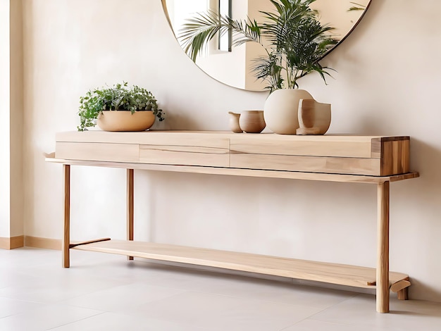 Rustic houten console tafel tegen beige stucwerk muur met kopie ruimteJapandi interieurontwerp van het model