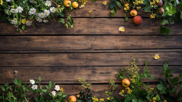 Rustic houten flatlay tafel achtergrond met een zomer overvloed thema veel houten lamellen