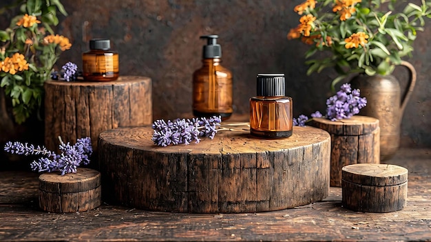 Rustic houten podium display voor voedsel parfum sieraden en cosmetische producten op dar Generative AI