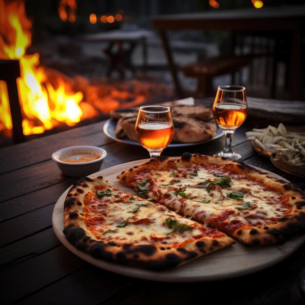 Rustic houten tafel met pizza Margarita met vuur in de achterkant Owen generatieve ai