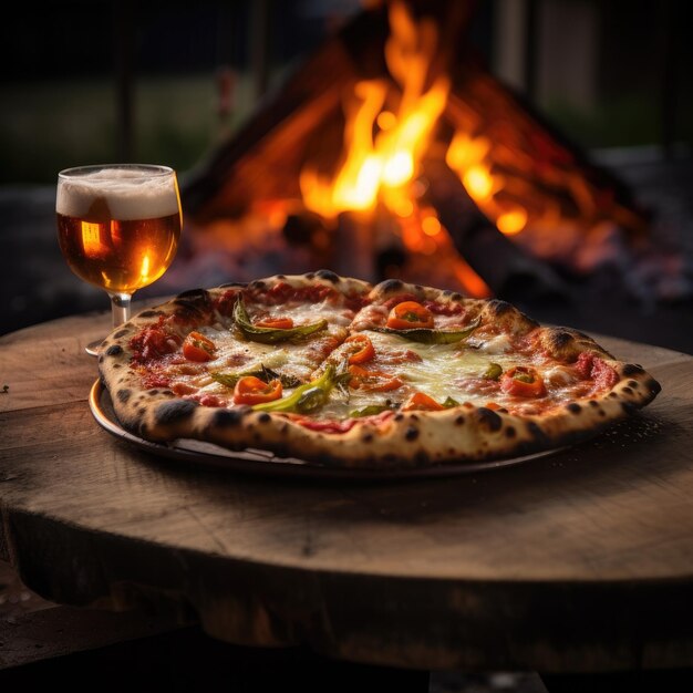 Rustic houten tafel met pizza Margarita met vuur in de achterkant Owen generatieve ai