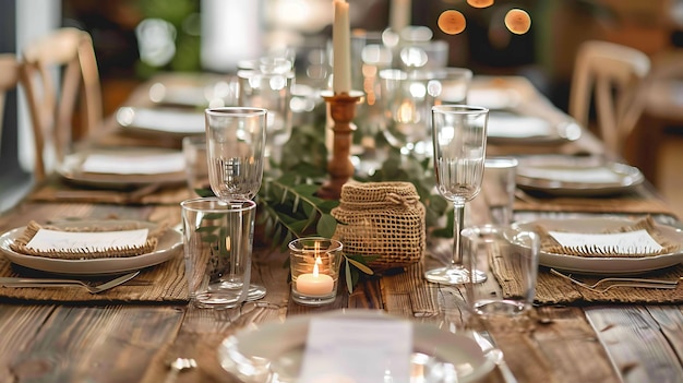 Rustic houten tafel set met borden glazen kaarsen en burlap runners De tafel is versierd met groen en bloemen