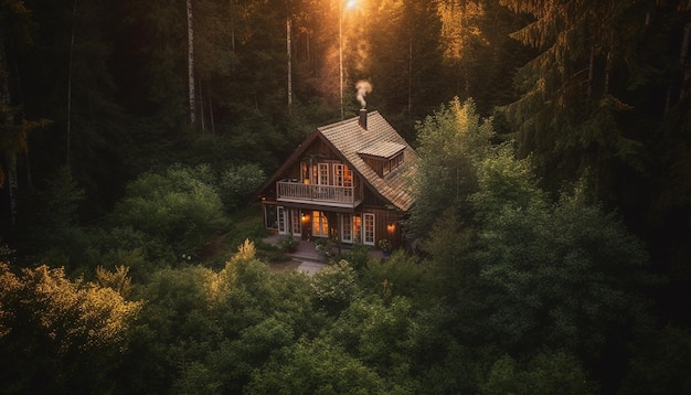 Rustic hut illuminated by sunset in forest generated by AI