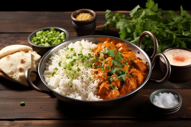 Rustic indulgence Butter chicken in een zwarte schaal op een charmante houten tafel