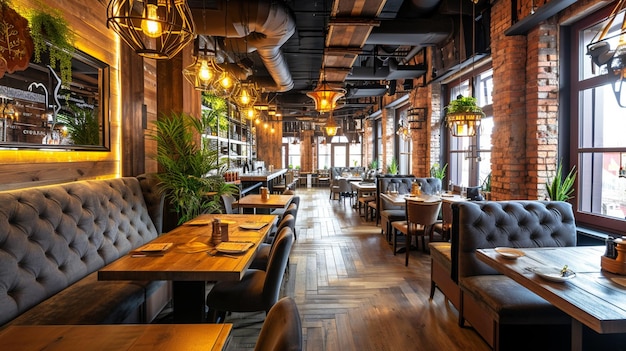 Foto rustic interieur van gezellig restaurant loft stijl moderne eetzaal generative ai