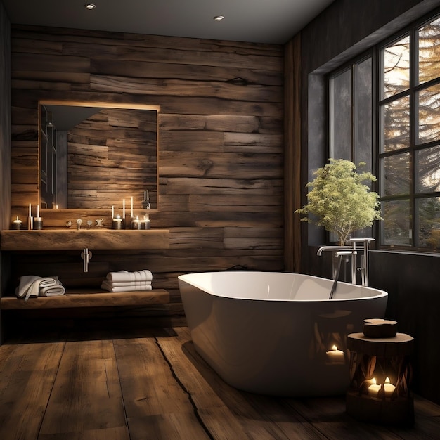 Rustic interior design of the modern bathroom with wooden walls and bathtub