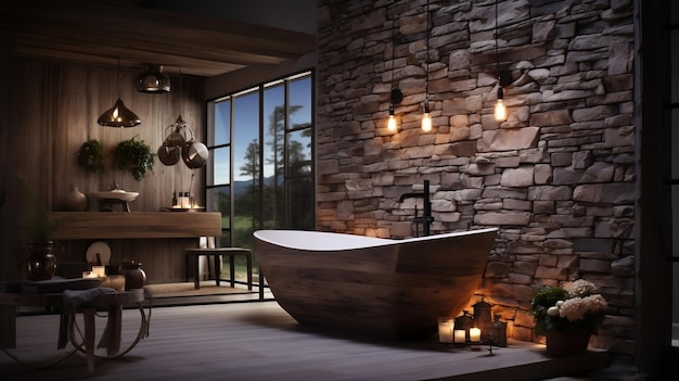 Rustic interior design of the modern bathroom with wooden walls and bathtub