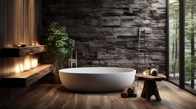 Rustic interior design of the modern bathroom with wooden walls and bathtub