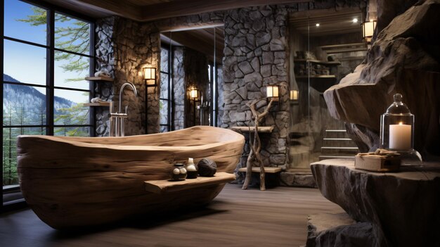 Rustic interior design of modern bathroom