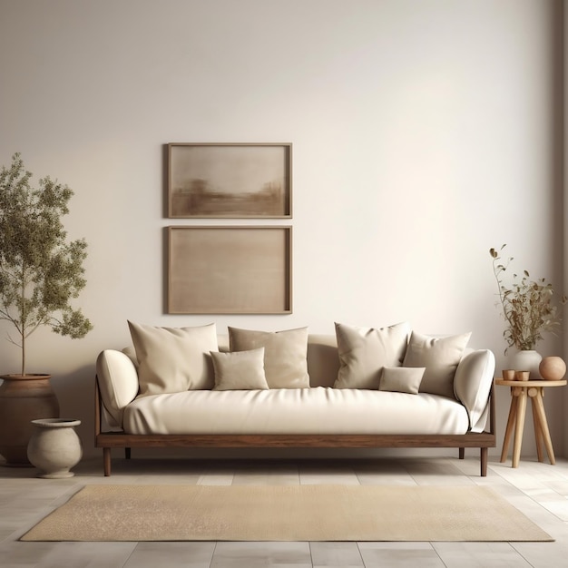 The rustic interior design of the modern living room with a beige fabric sofa and cushions