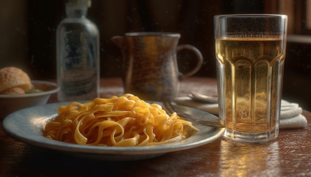 Rustic Italian meal on wooden table with homemade pasta and wine generated by artificial intelligence