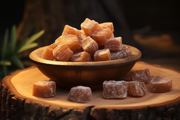 Photo rustic jaggery pieces on a wooden plate yummy delicious jaggery food image photography