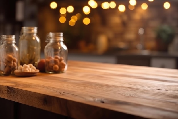 素朴なキッチンの背景には空の木製テーブルと焦点の合っていないライトがあります。