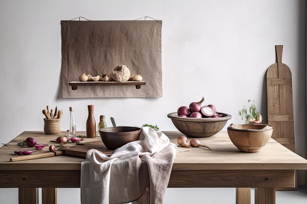 Photo rustic kitchen composition in a minimalist setting with a wooden bowl and red onions a linen tablecloth and an empty wall for a text or wall art design presentation