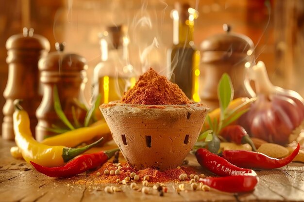 Фото Рустическая кухонная сцена с ароматическими специями и чили на деревянном столе теплые земляные тона и